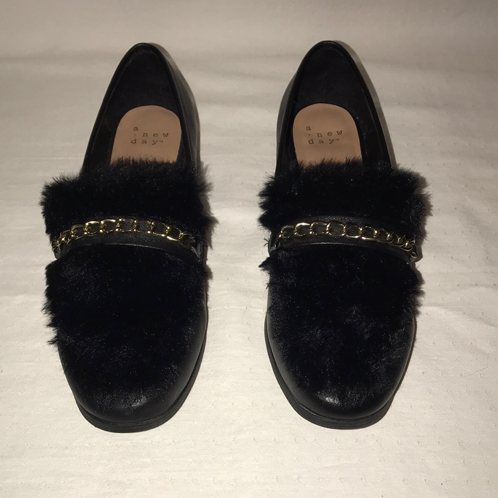 Loafers A New Day - Sal 8 1/2 Black Faux Leather with Fur Loafers - New in Box
